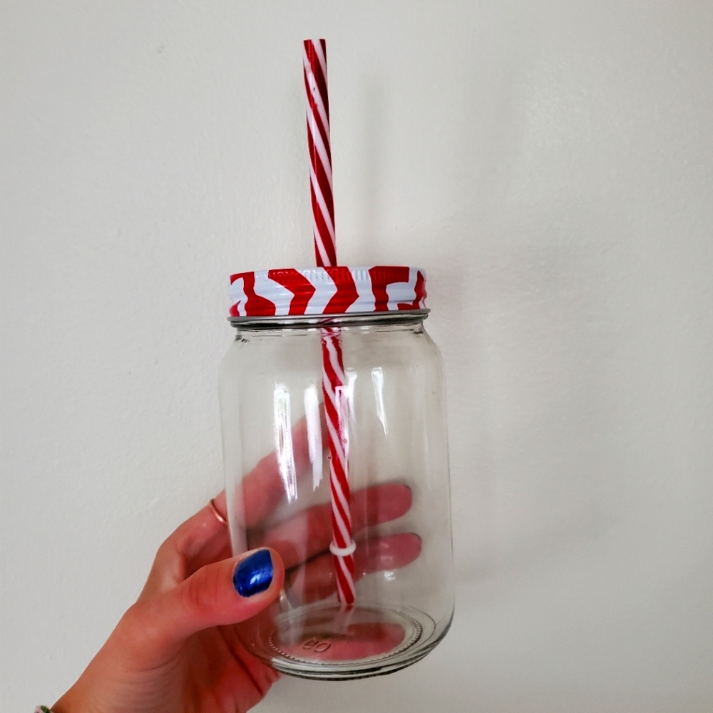 SOLD Red/White glass with straw